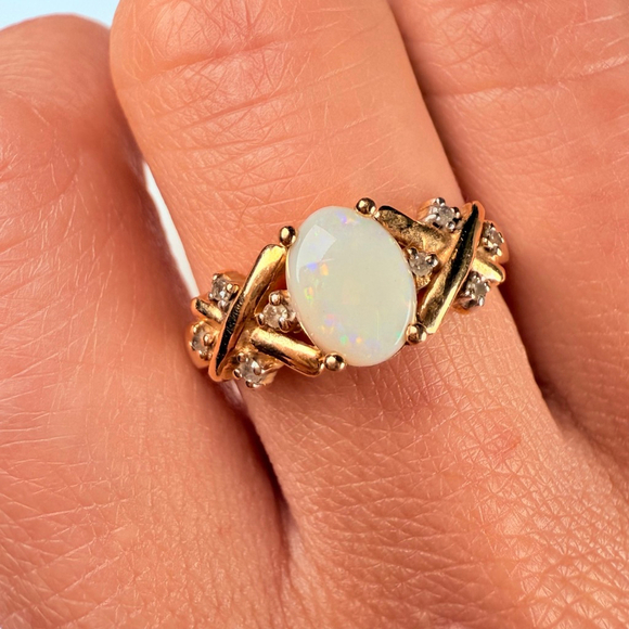 Estate Alwand Vahan 10K Solid Yellow Gold .50 CT Opal & Diamond Vintage Ring - Picture 7 of 11